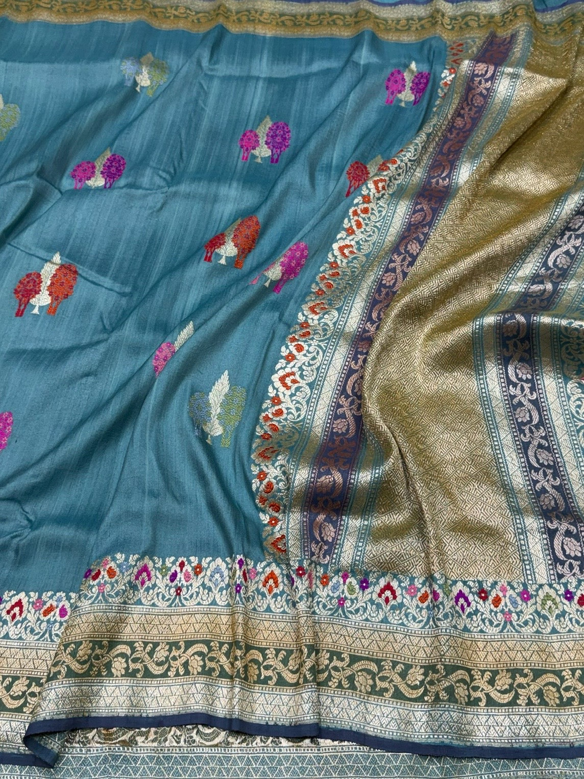 Powder Blue Handwoven Pure Tussar Georgette Saree