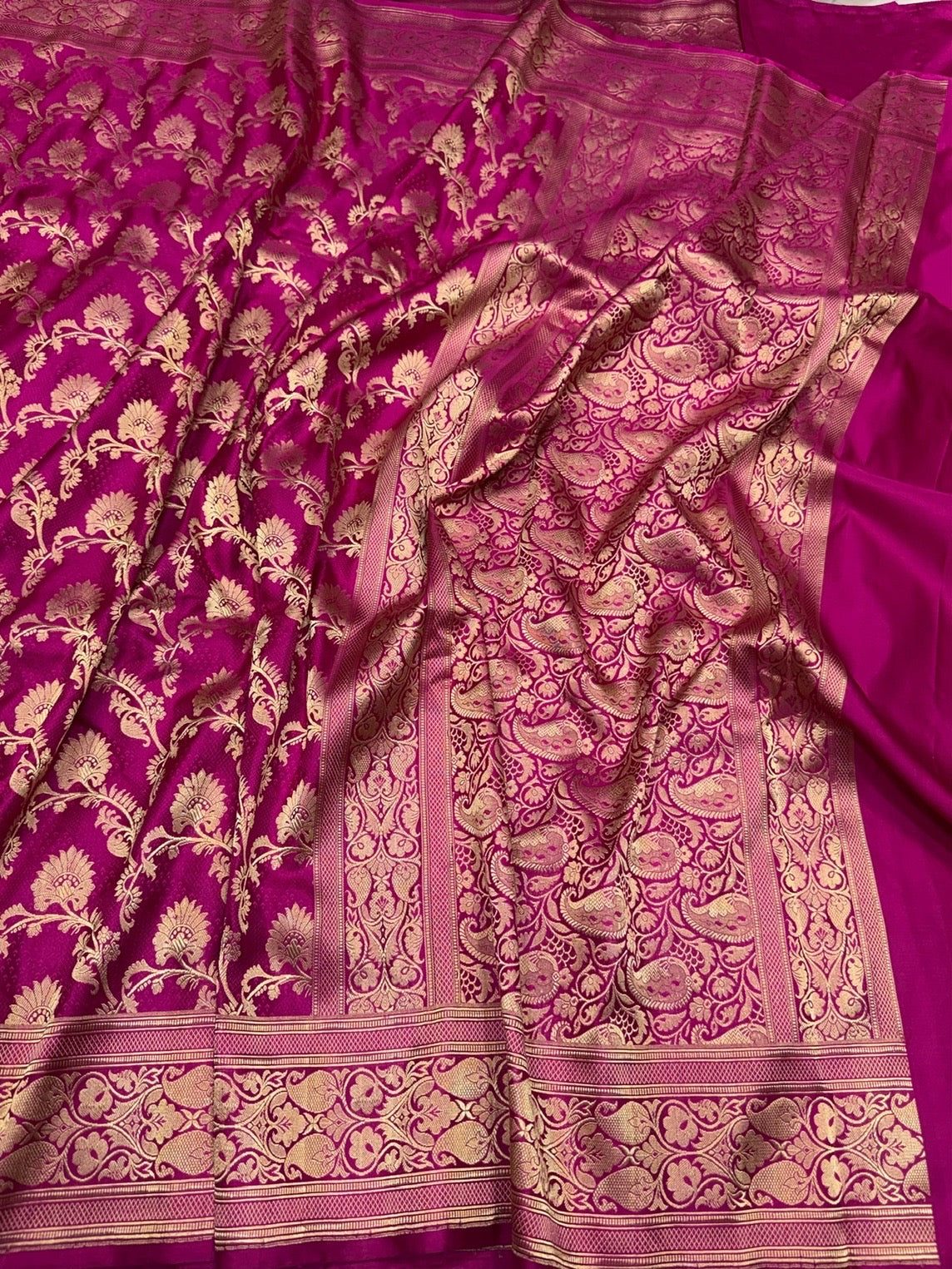 Rani Pink Handwoven Pure Banarasi Satin Tanchoi Silk Saree