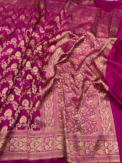 Rani Pink Handwoven Pure Banarasi Satin Tanchoi Silk Saree