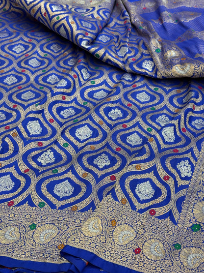 Royal Blue Banarasi Minakari Pure Katan Silk Saree | Pure Silk | Minakari Work | Cutwork Technique | Banarasi Katan Silk Saree