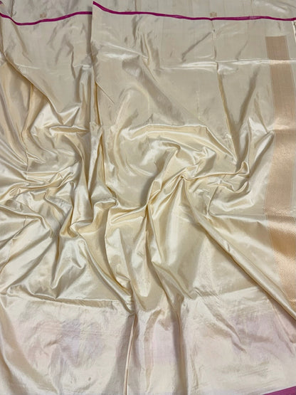 Ivory Handwoven Pure Banarasi Silk Saree – Kadwa Weave | Authentic Banaras Handloom