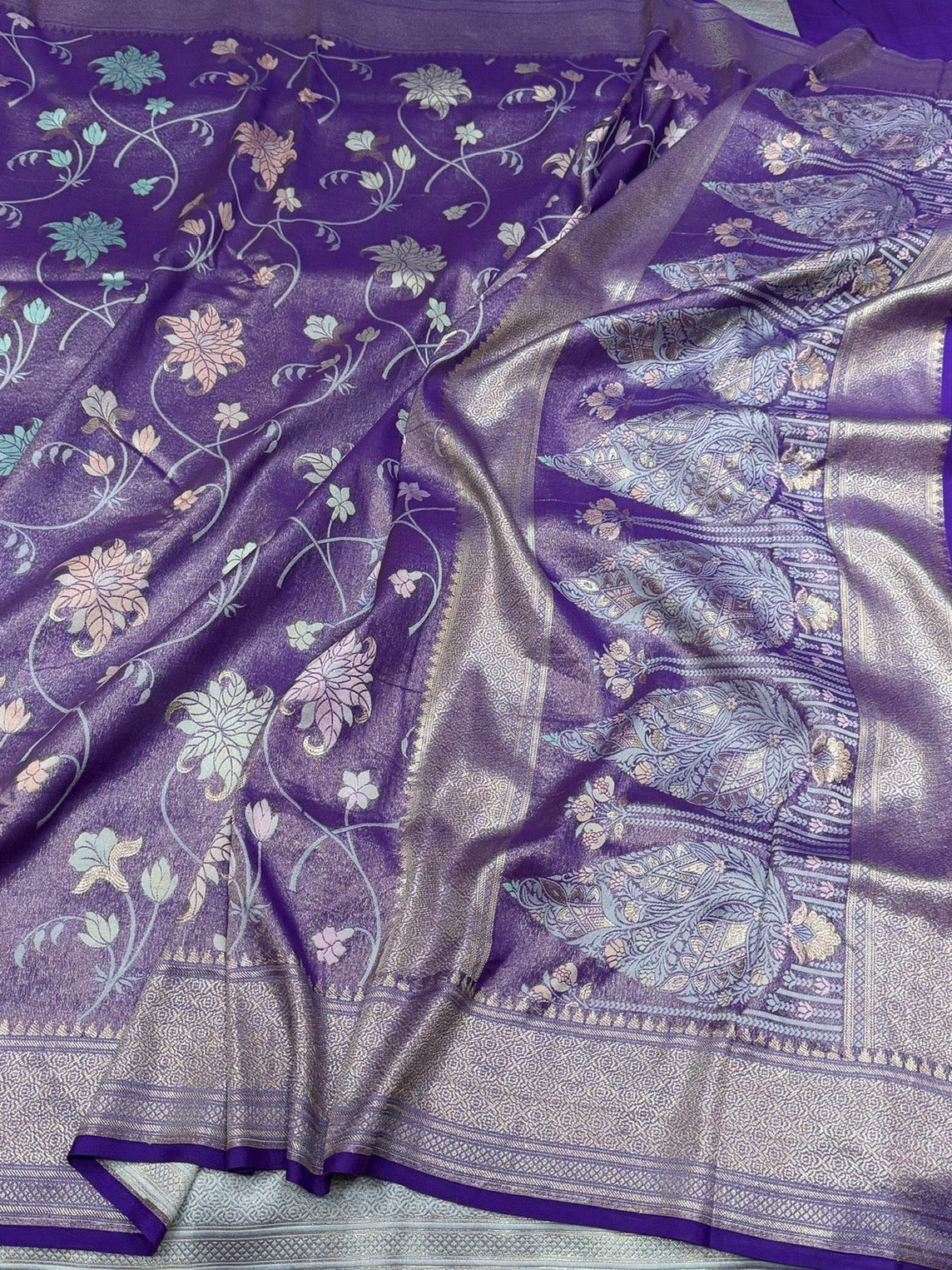 Purple Pure Banarasi Tissue Silk Saree – Pure Kora Tissue | Cutwork Technique | Lightweight Banarasi Saree