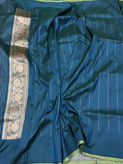 Deep Teal Blue Handwoven Pure Banarasi Silk Saree in Kadwa Weave – 100% Katan Mulberry Silk