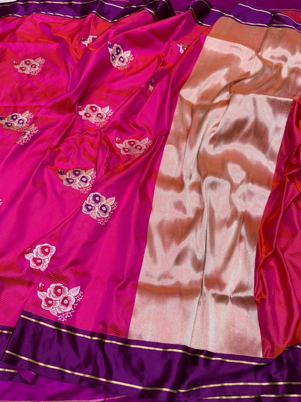 Orangish Pink Handwoven Pure Banarasi Satin Tanchoi Silk Saree