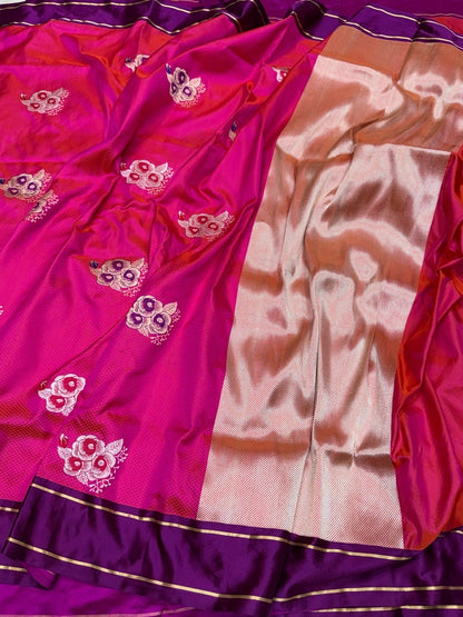 Orangish Pink Handwoven Pure Banarasi Satin Tanchoi Silk Saree