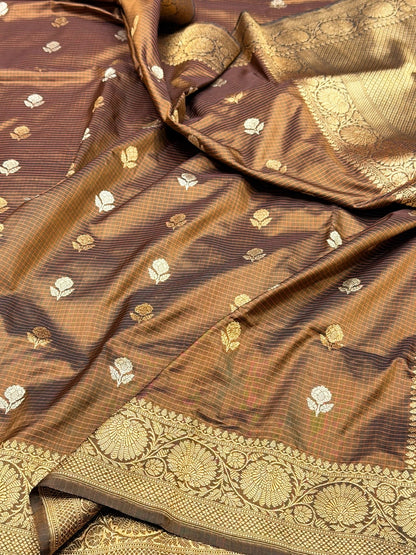 Handwoven Pure Banarasi Saree in Katan Silk – Traditional Checks Weave
