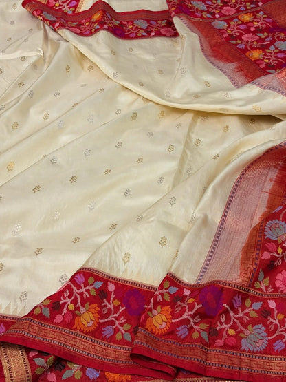 Cream Handwoven Pure Banarasi Ektara Silk Saree