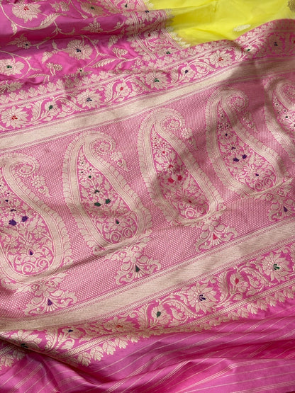 Lemon Yellow / Gajiri Pink Handwoven Pure Banarasi Silk Saree