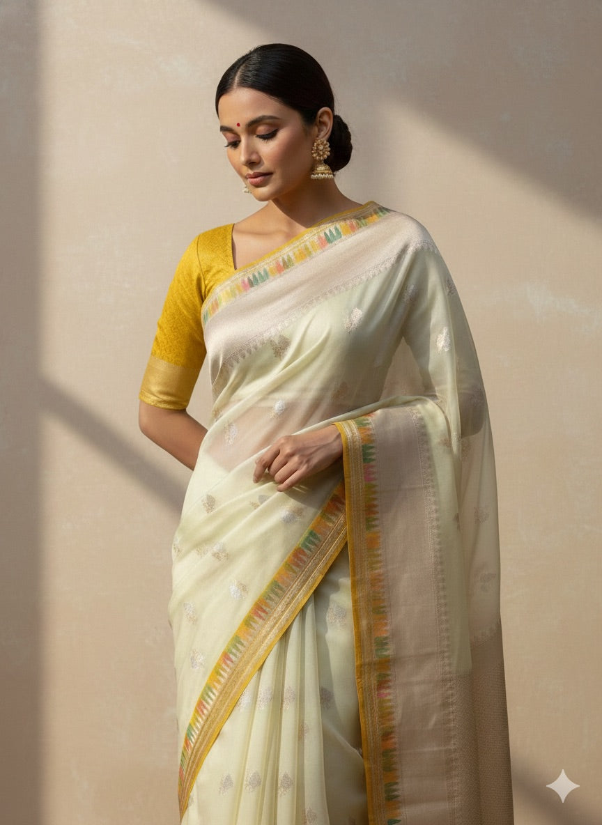 Lemon Yellow Handwoven Pure Organza Silk Saree – Kadwa Weave, Kora-Mulberry Silk, Skirt Border Saree