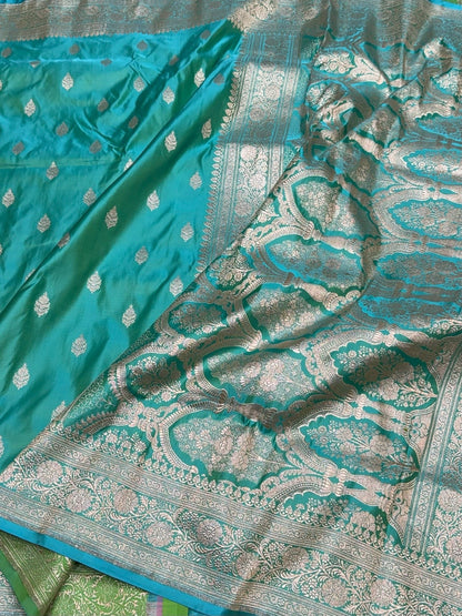 Sea Green Handwoven Maharani Pallu Banarasi Satin Silk Saree