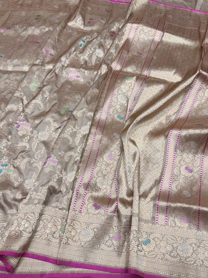 Champagne Beige Handwoven Pure Banarasi Silk Saree in Kadwa Weave – 100% Katan Mulberry Silk
