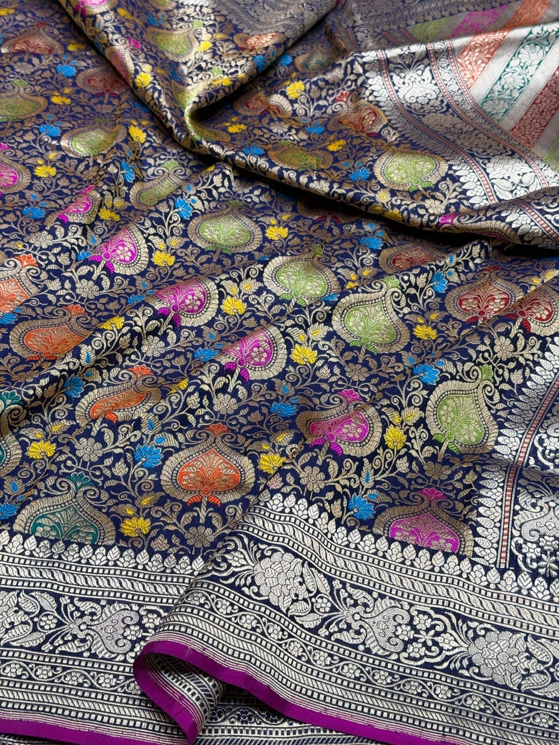 Navy Blue Handwoven Kimkhab Pure Banarasi Silk Brocade Saree – 100% Katan Mulberry Silk