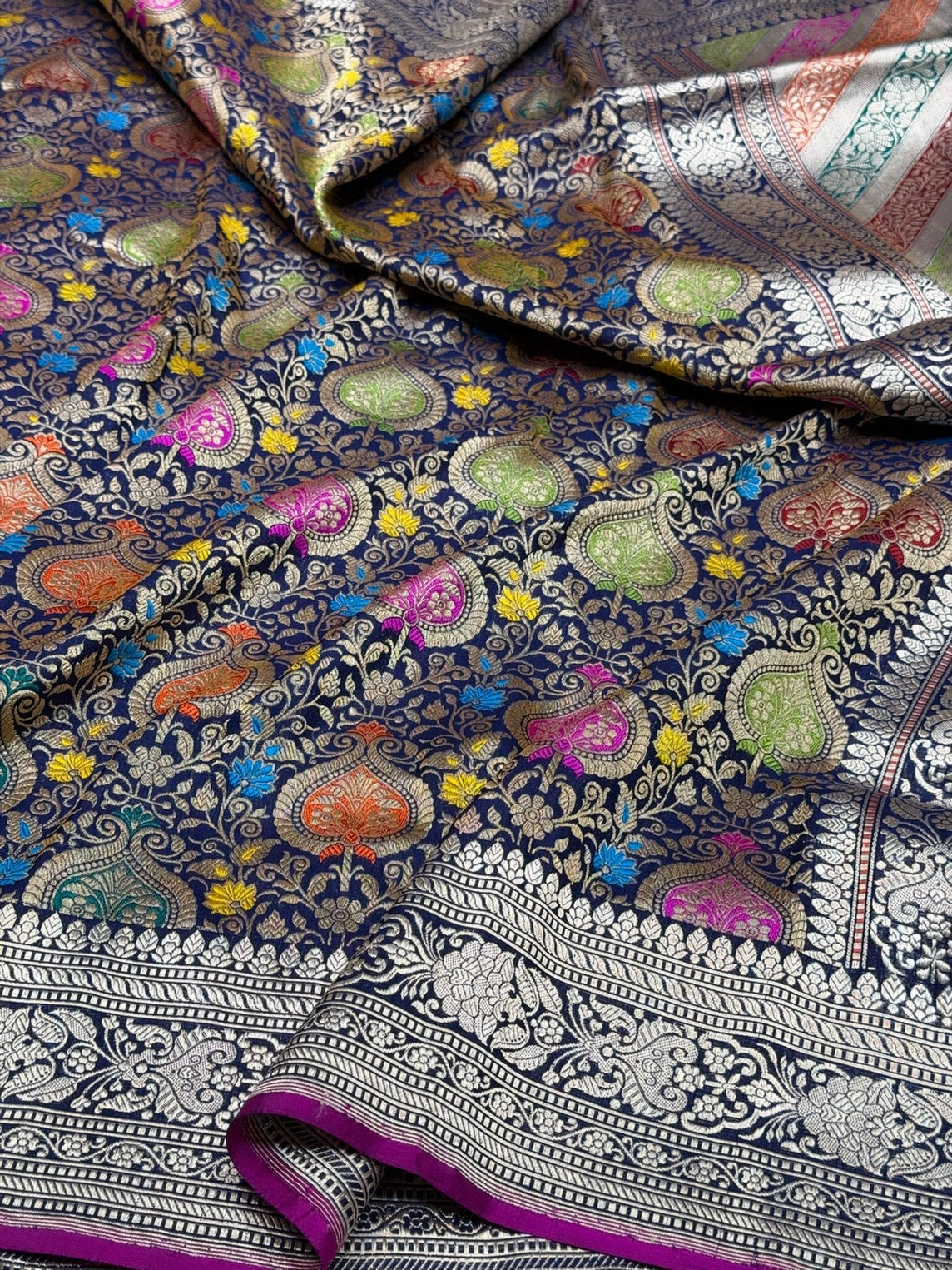 Navy Blue Handwoven Kimkhab Pure Banarasi Silk Brocade Saree – 100% Katan Mulberry Silk