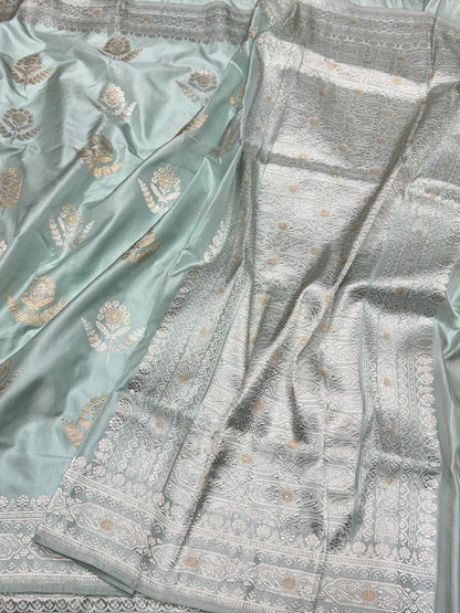 Powder Blue Handwoven Pure Banarasi Ektara Silk Saree | Kadwa Weave | Pure Mulberry Ektara Silk | Handloom Banarasi Saree
