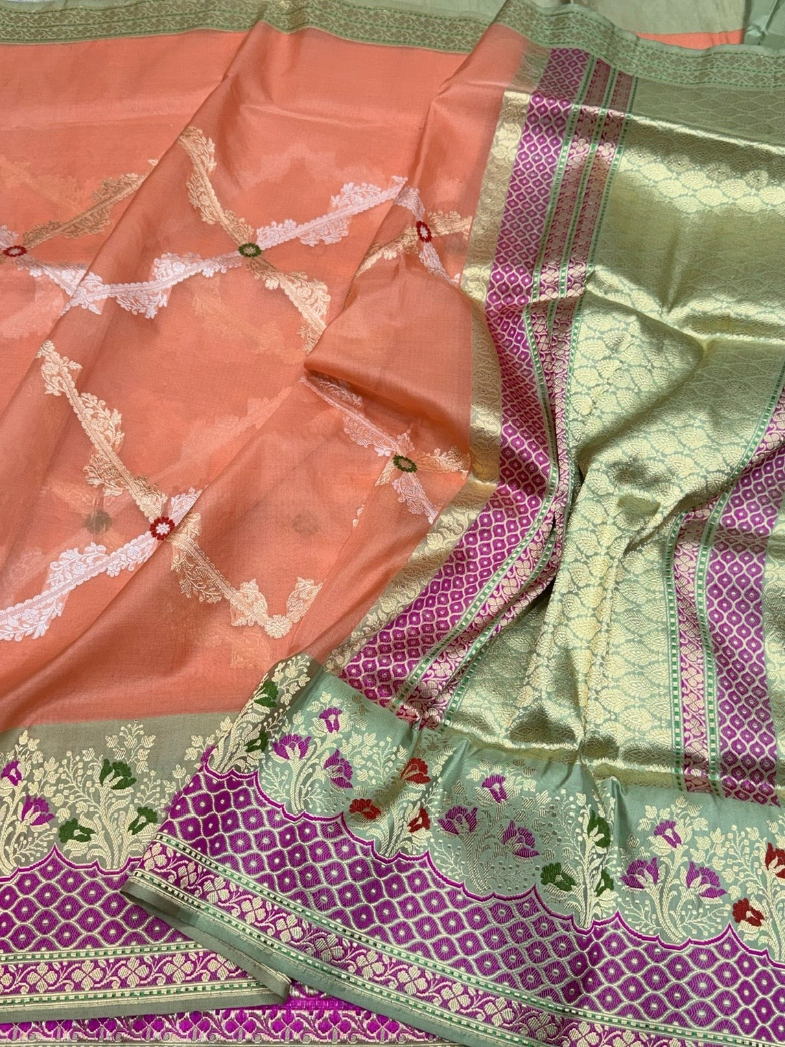 Peach Handwoven Pure Organza Silk Saree – Kadwa Weave | 100% Pure Kora Silk | Authentic Banaras Handloom