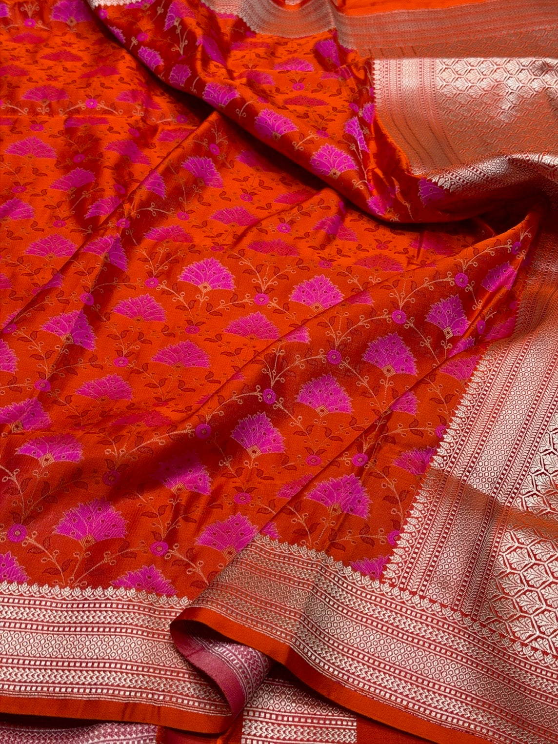 Orange Handwoven Pure Banarasi Satin Tanchoi Silk Saree – Kadwa Weave | Authentic Banaras Handloom