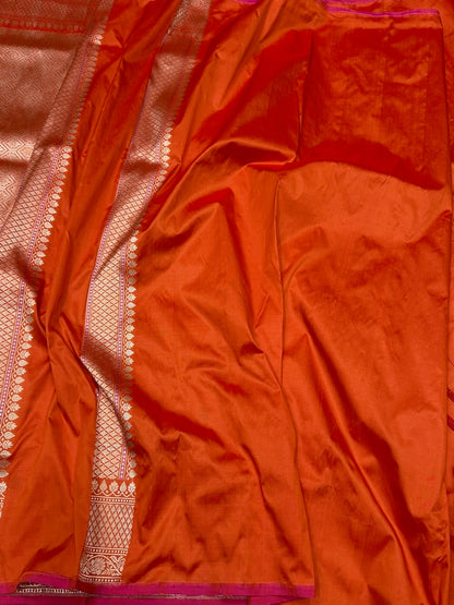 Orange Handwoven Pure Banarasi Silk Saree in Kadwa Weave | Authentic Katan Mulberry Silk