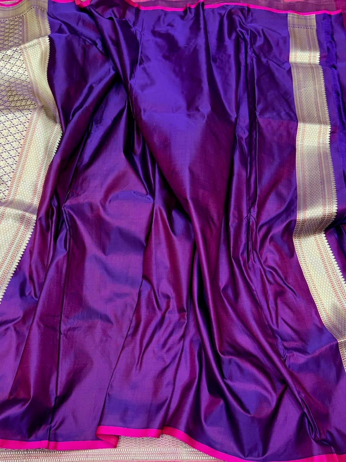 Purple Handwoven Pure Banarasi Satin Tanchoi Silk Saree – Kadwa Weave | Authentic Banaras Handloom