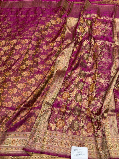Rani Pink  Handwoven Pure Banarasi Satin Tanchoi Silk Saree