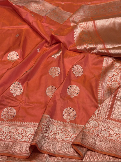 Sunset Orange Handwoven Pure Banarasi Silk Saree