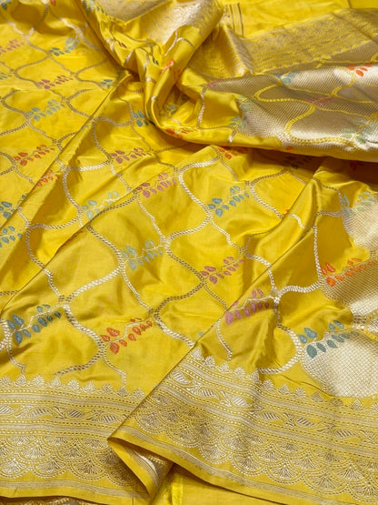 Yellow Handwoven Pure Banarasi Katan Silk Saree – Authentic Kadwa Weave from Banaras