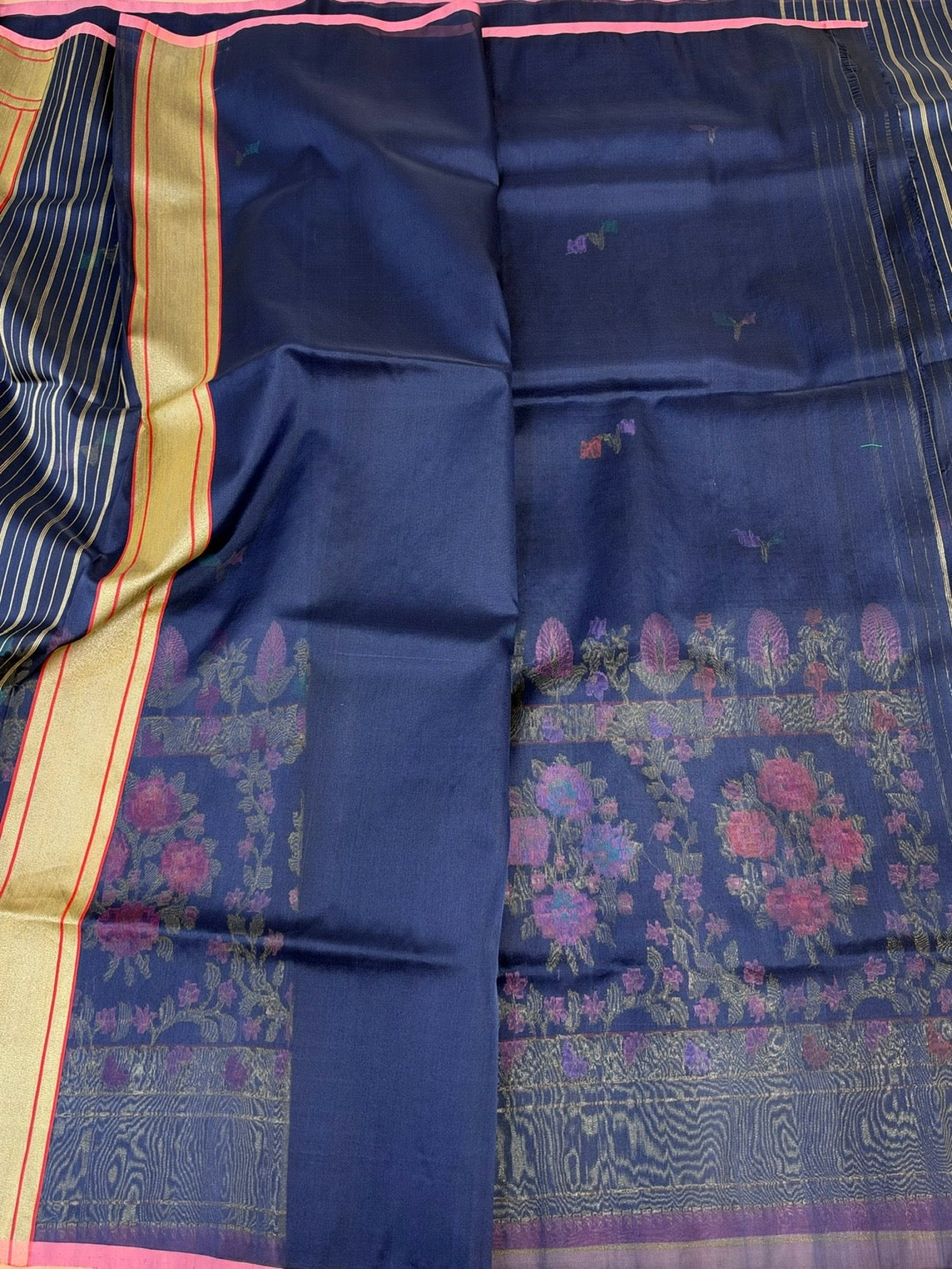 Navy Blue Handwoven Pure Banarasi Kora Jamdani Silk Saree