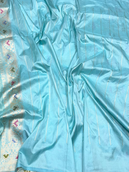 Sky Blue Handwoven Pure Banarasi Silk Saree in Kadwa Weave