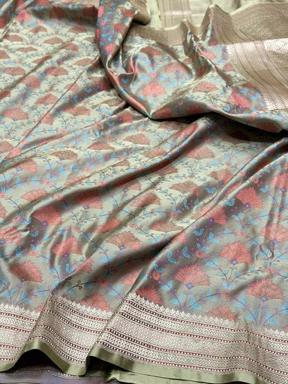 Light Olive Handwoven Pure Banarasi Satin Tanchoi Silk Saree – 100% Pure Satin Silk, Intricate Kadwa Weave