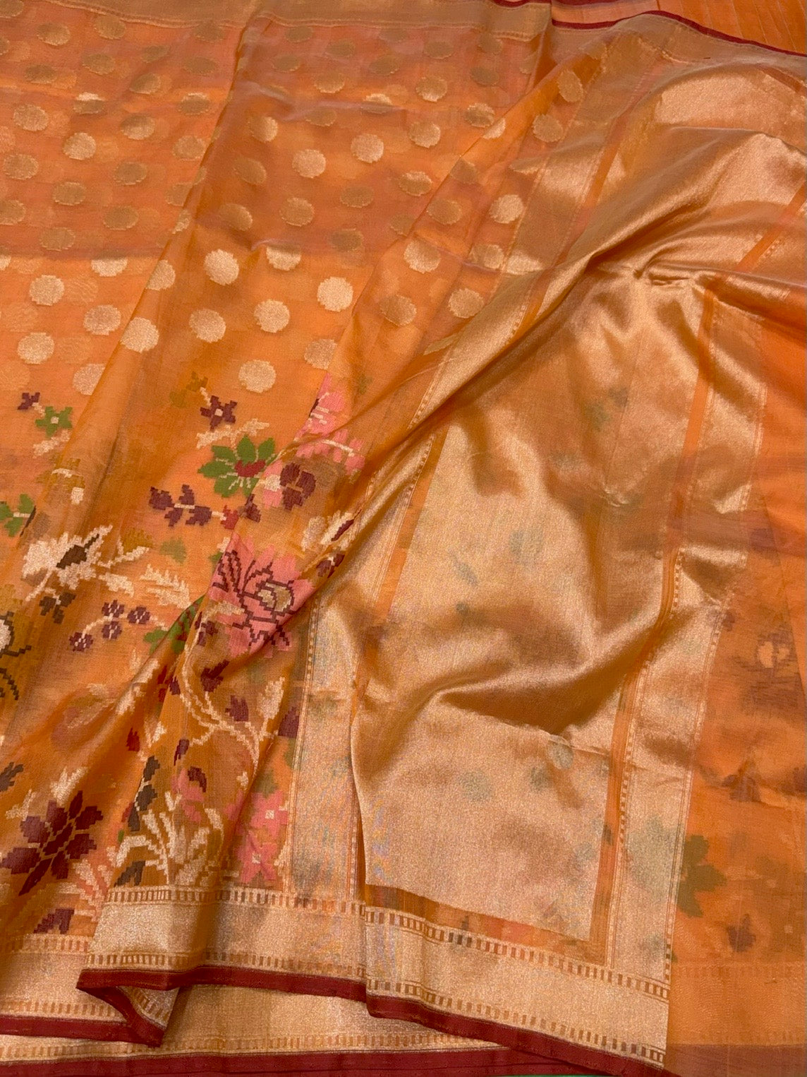 Peach Orange Banarasi Pure Organza Jamdani Saree