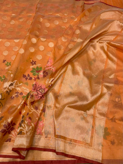 Peach Orange Banarasi Pure Organza Jamdani Saree