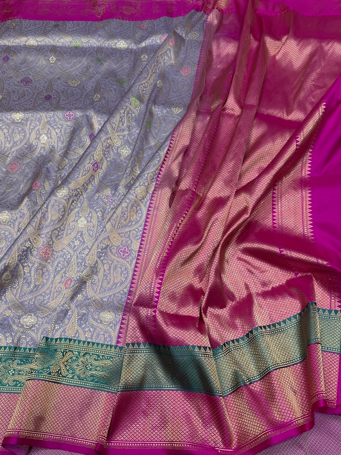 Lavender Handwoven Banarasi Pure Silk Brocade Saree with Red Satin Border – Luxurious Katan Silk