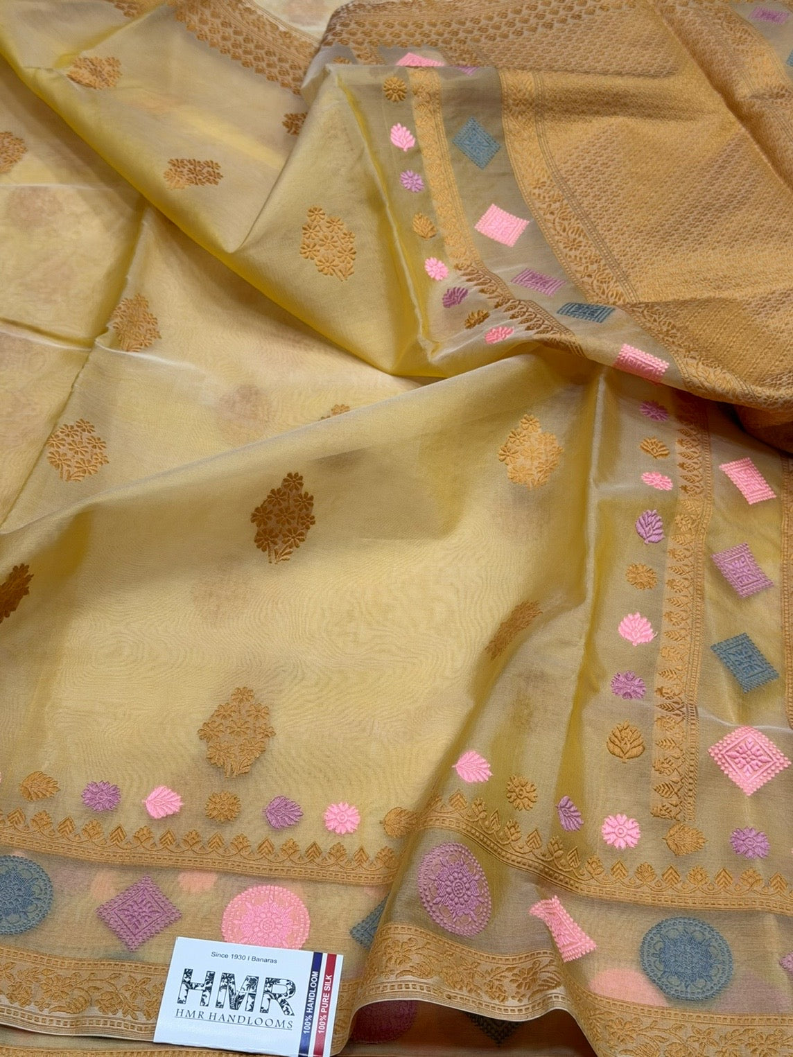 Yellow Handwoven Pure Organza Silk Saree