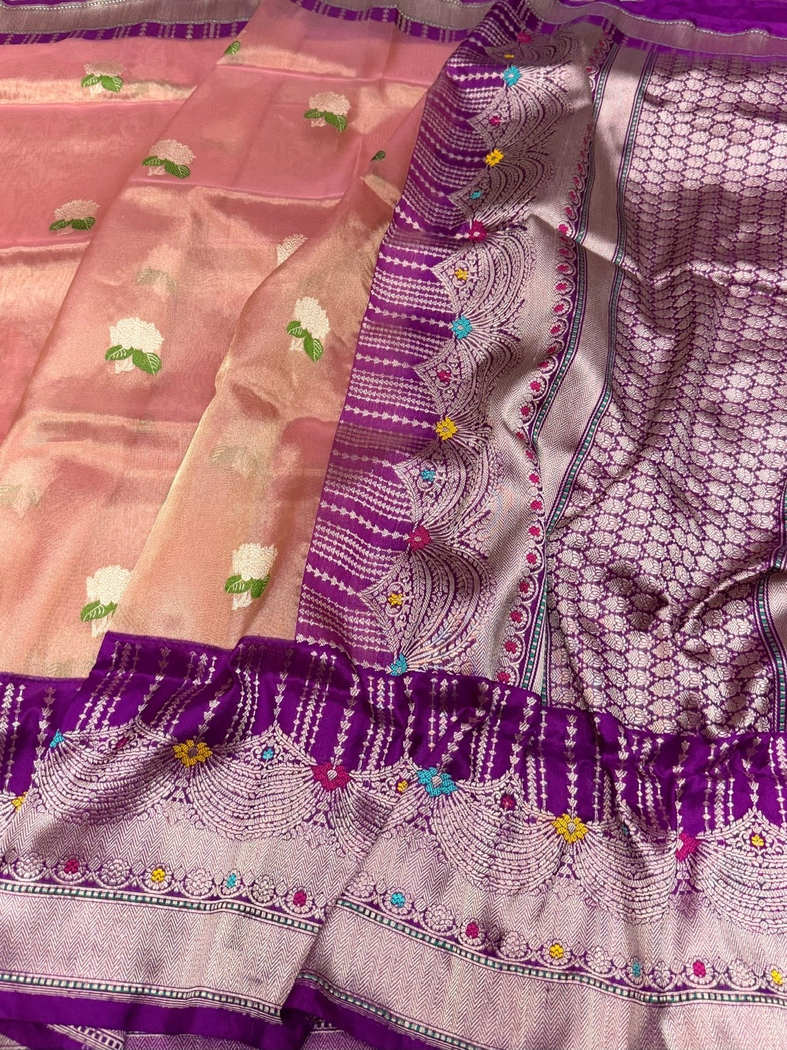 Peach Handwoven Pure Banarasi Tissue Saree