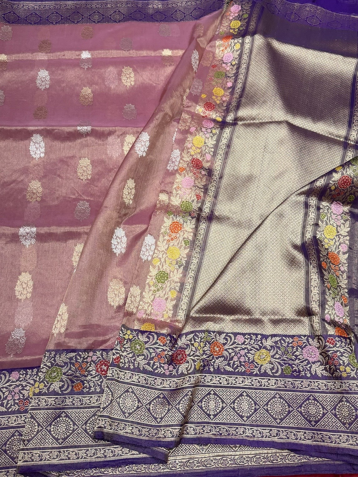 Peach Handwoven Pure Banarasi Kora Tissue Saree