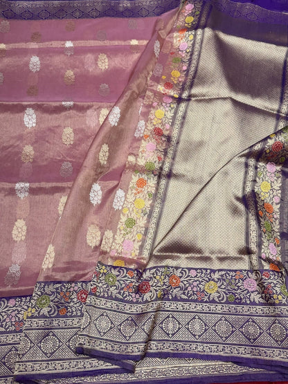 Peach Handwoven Pure Banarasi Kora Tissue Saree