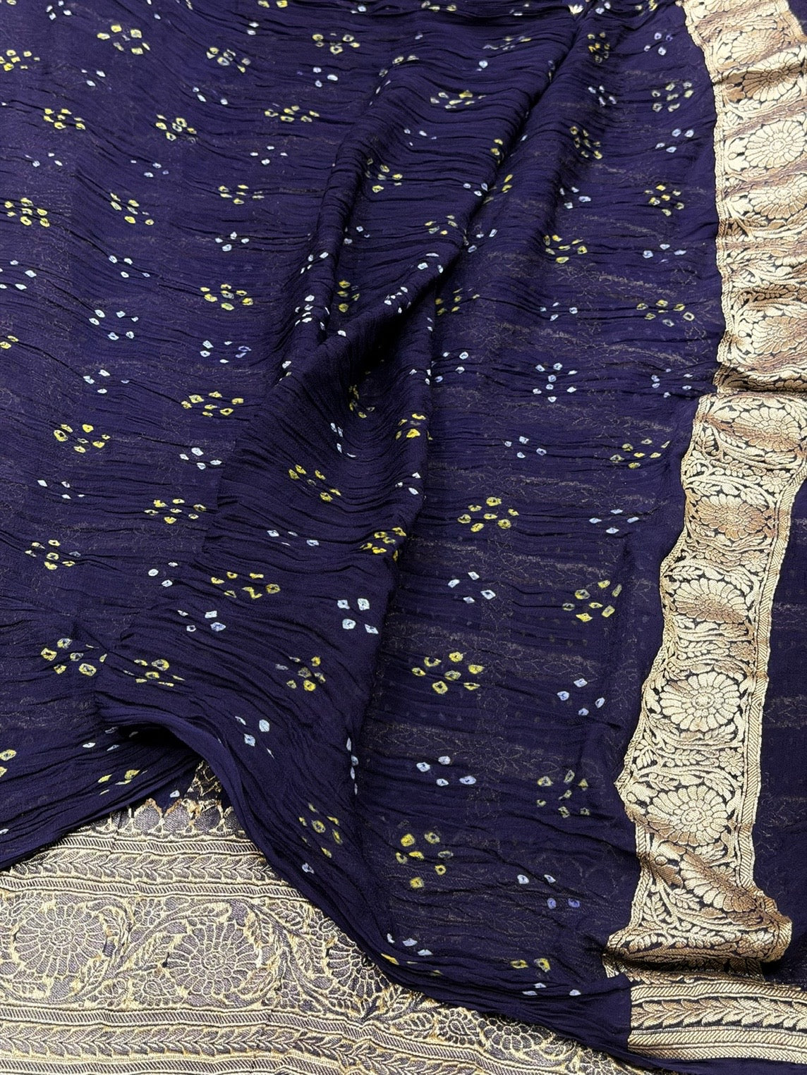 Navy Blue Banarasi Pure Bandhej Georgette Saree – Luxury Cutwork Brocade Festive Saree