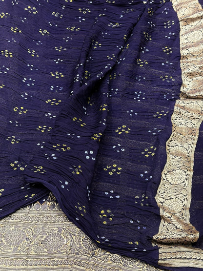 Navy Blue Banarasi Pure Bandhej Georgette Saree – Luxury Cutwork Brocade Festive Saree