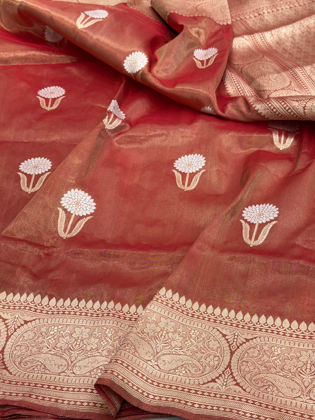 Rust Brown Handwoven Pure Banarasi Tissue Silk Saree