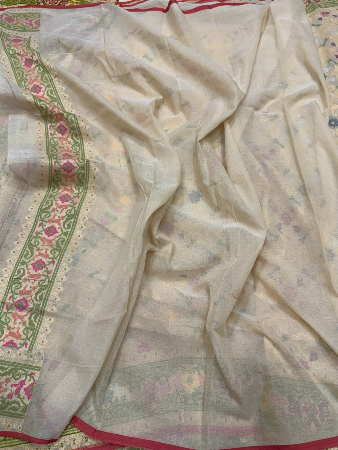 Cream Pure Muslin Cotton Jamdani Saree