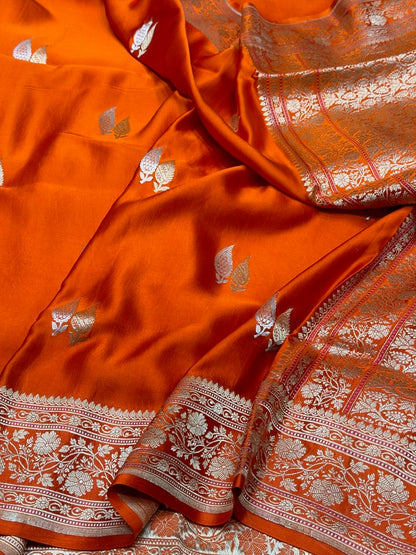 Orange Handwoven Pure Mashru Banarasi Satin Silk Saree – Kadwa Weave | Authentic Banaras Handloom
