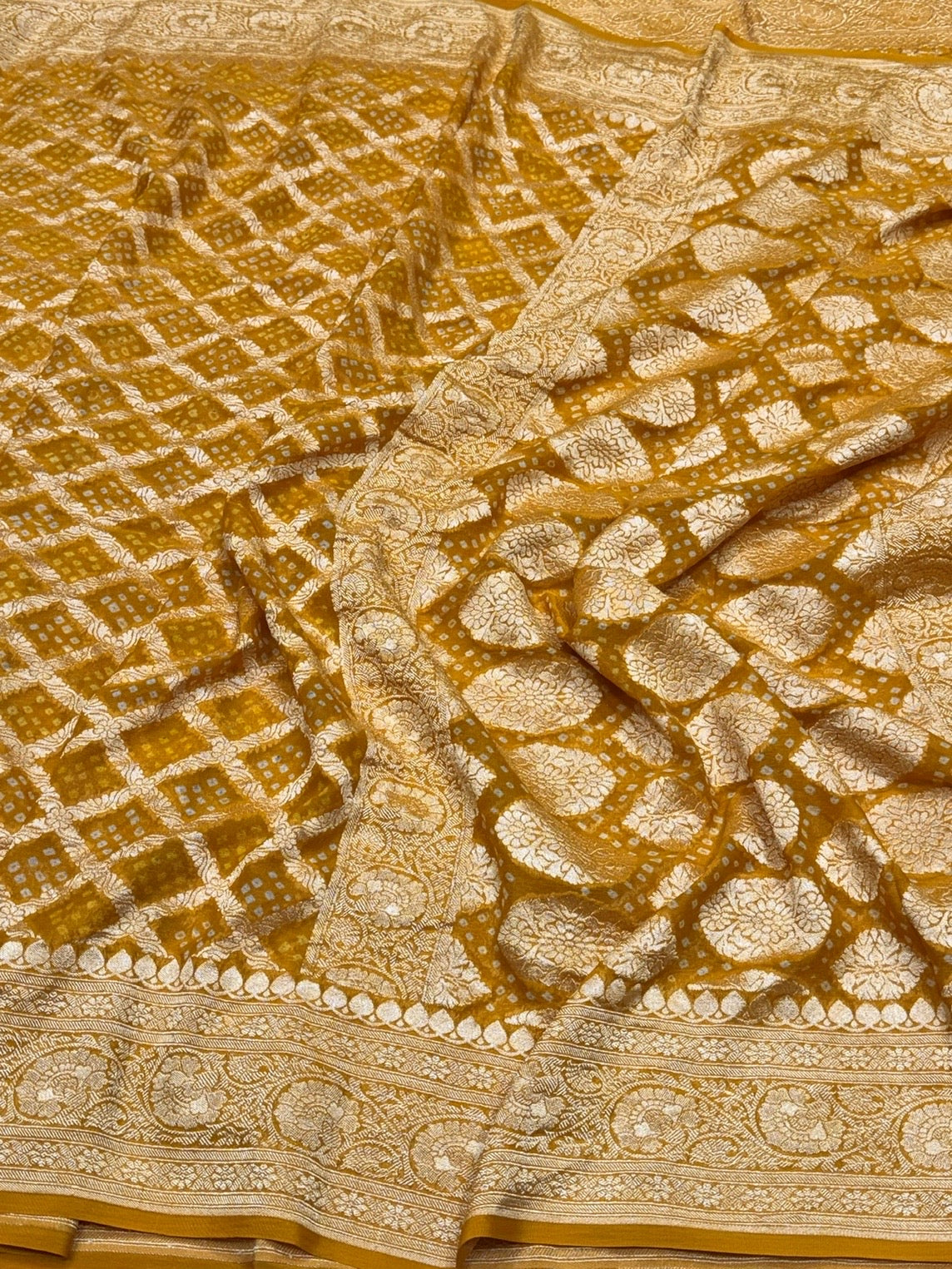 Mustard Yellow Banarasi Pure Bandhej Georgette Saree – Luxury Cutwork Brocade Festive Saree