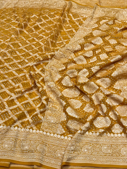 Mustard Yellow Banarasi Pure Bandhej Georgette Saree – Luxury Cutwork Brocade Festive Saree