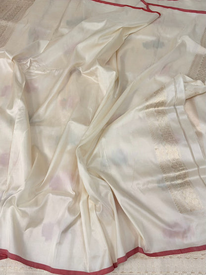 Ivory Handwoven Pure Banarasi Satin Brocade Saree