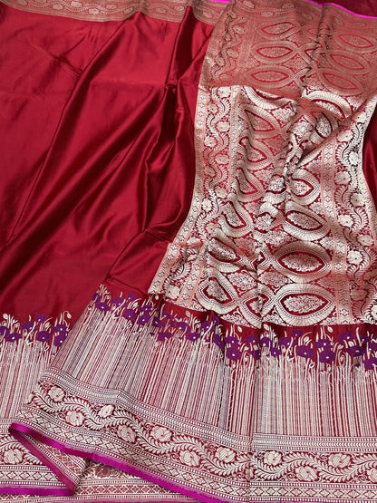 Red Handwoven Pure Banarasi Satin Silk Saree – Luxurious Satin Silk with Kadwa Weave