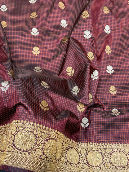 Handwoven Pure Banarasi Saree in Katan Silk – Traditional Checks Weave