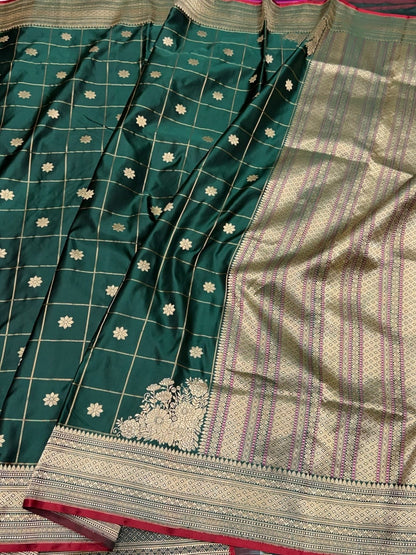 Bottle Green Handwoven Pure Banarasi Satin Silk Saree
