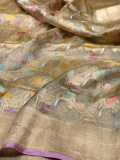 Champagne Gold Handwoven Pure Banarasi Ektara Tissue Saree