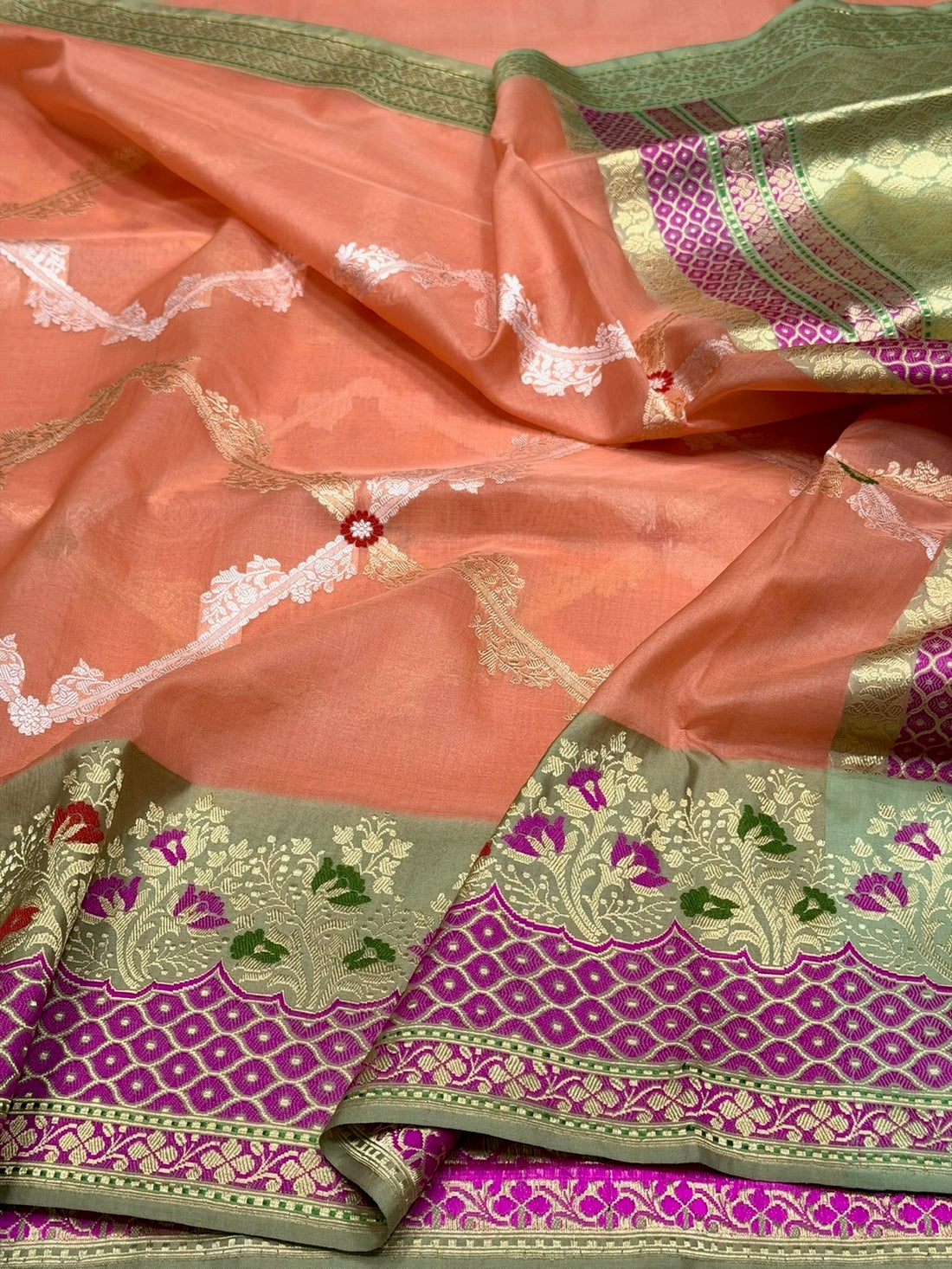 Peach Handwoven Pure Organza Silk Saree – Kadwa Weave | 100% Pure Kora Silk | Authentic Banaras Handloom