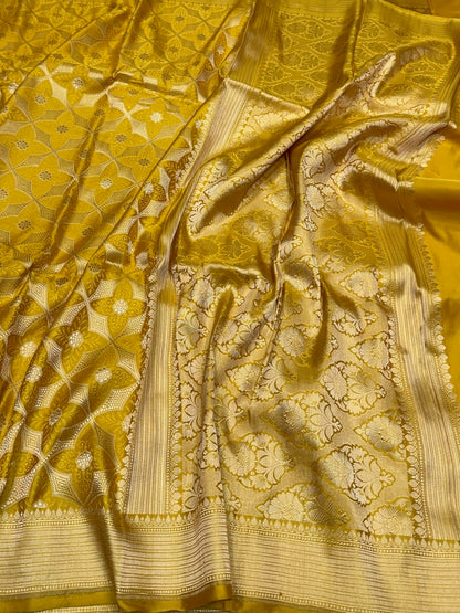 Yellow Handwoven Pure Banarasi Satin Tanchoi Silk Saree