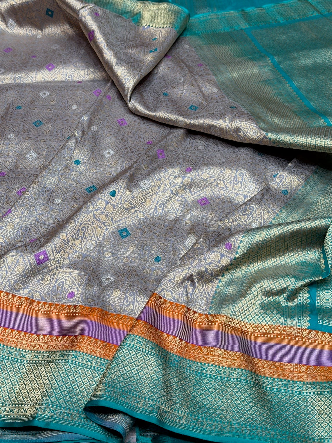 Grey Banarasi Silk Brocade Saree with Satin Border – Katan Silk Elegance